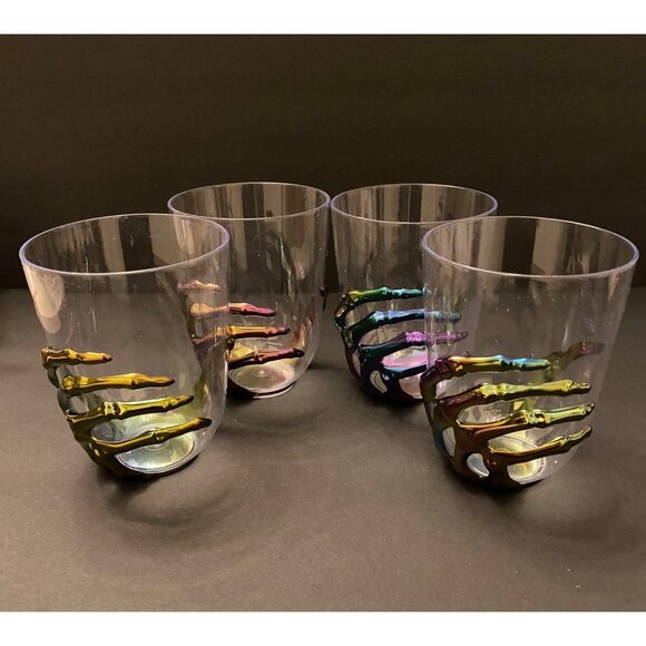 Set of 4 Multicolored Iridescent 3D Skeleton Hand Cups Plastic Party Glasses - Picture 1 of 4